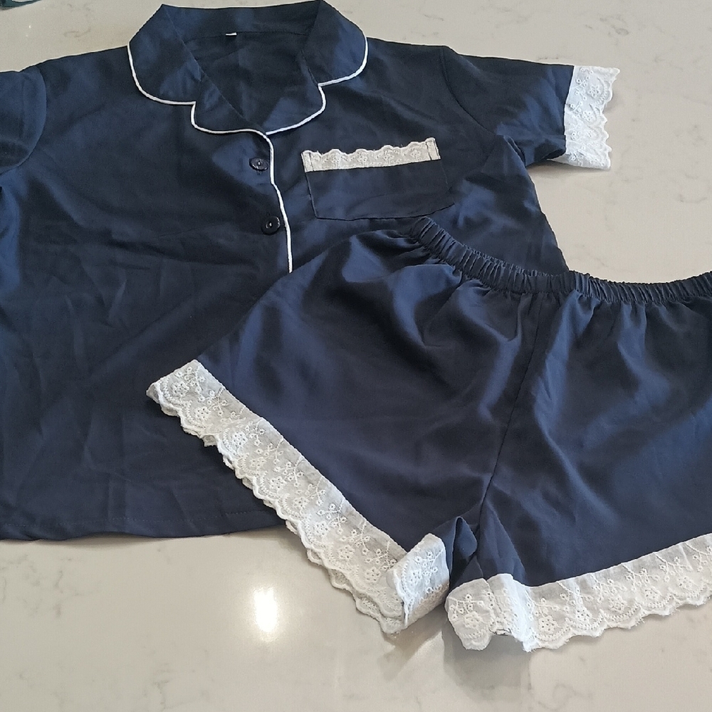 Navy Blue Pajama Set with White Lace Trim